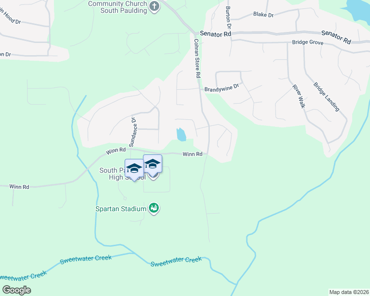 map of restaurants, bars, coffee shops, grocery stores, and more near 1505 Winn Road in Douglasville