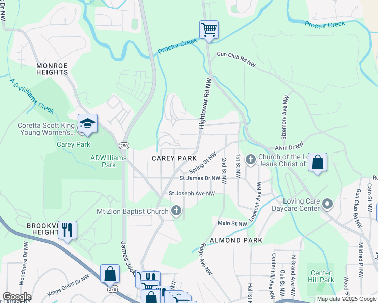 map of restaurants, bars, coffee shops, grocery stores, and more near 1185 Hightower Road Northwest in Atlanta