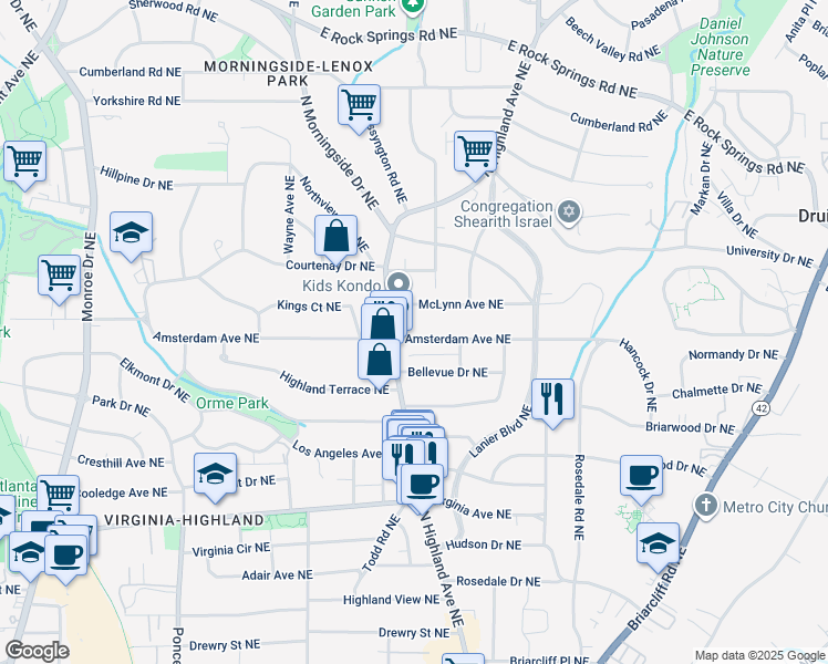 map of restaurants, bars, coffee shops, grocery stores, and more near 996 Amsterdam Avenue Northeast in Atlanta