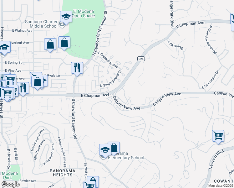 map of restaurants, bars, coffee shops, grocery stores, and more near 5847 East Rocking Horse Way in Orange
