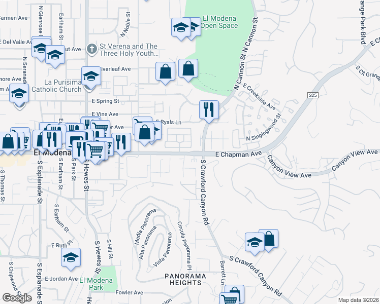 map of restaurants, bars, coffee shops, grocery stores, and more near 5334 East Chapman Avenue in Orange