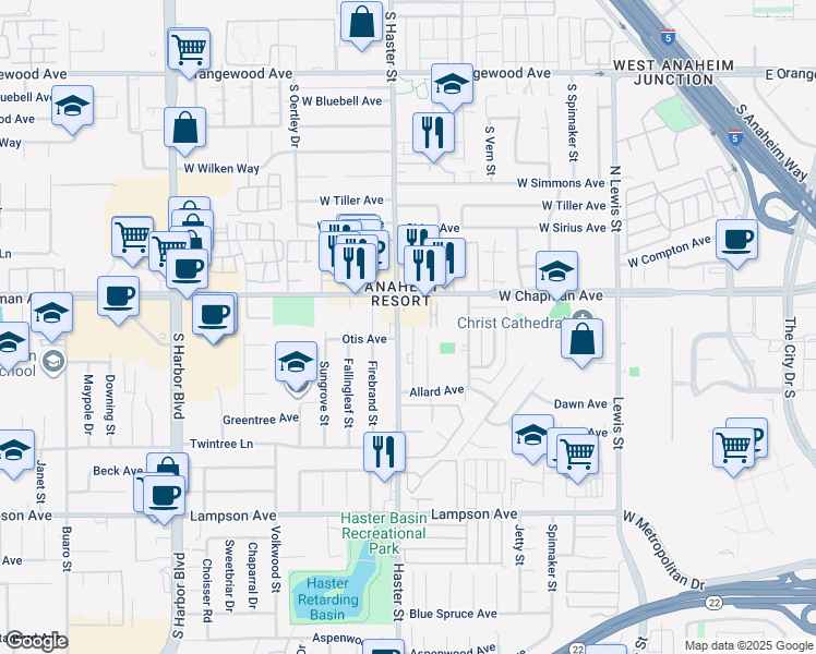 map of restaurants, bars, coffee shops, grocery stores, and more near 12092 Haster Street in Garden Grove