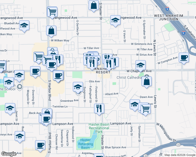 map of restaurants, bars, coffee shops, grocery stores, and more near 12081 Firebrand Street in Garden Grove