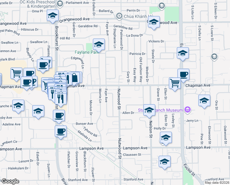 map of restaurants, bars, coffee shops, grocery stores, and more near 12061 Hackamore Road in Garden Grove