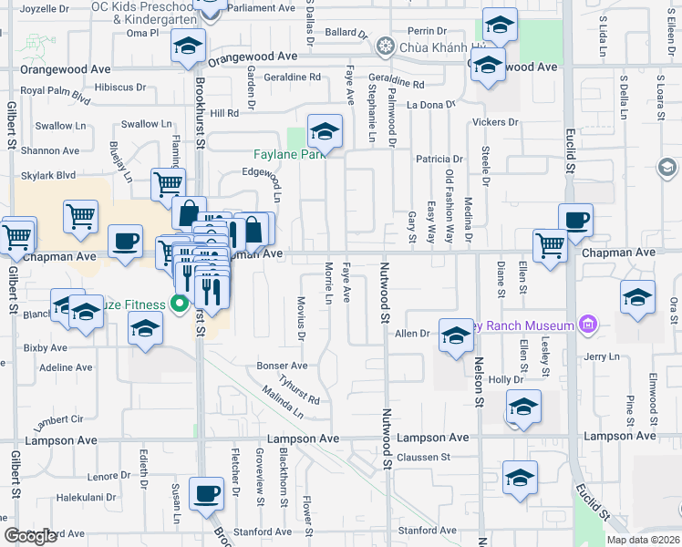map of restaurants, bars, coffee shops, grocery stores, and more near 12072 Morrie Lane in Garden Grove