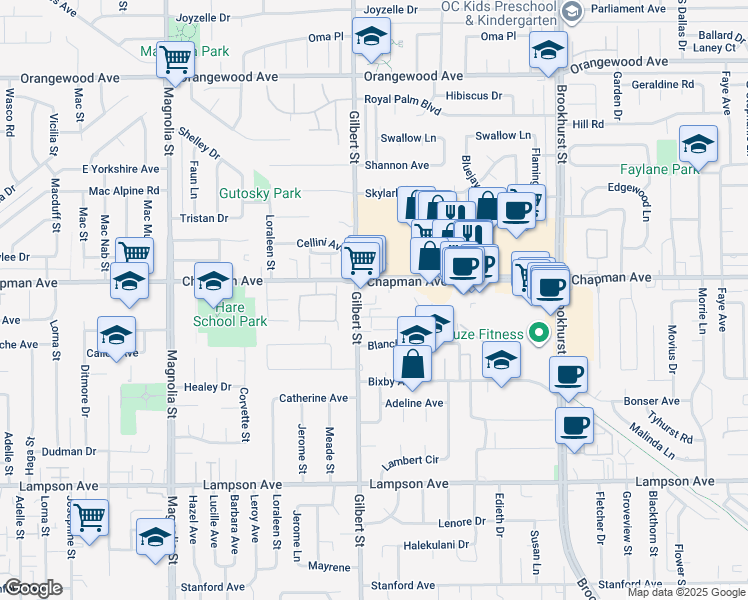map of restaurants, bars, coffee shops, grocery stores, and more near 9581 Alwood Avenue in Garden Grove