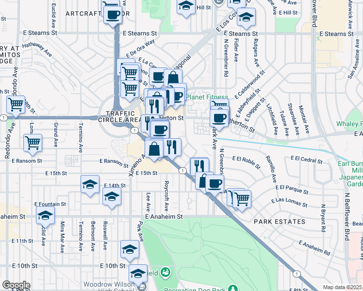 map of restaurants, bars, coffee shops, grocery stores, and more near 1611 Gish Avenue in Long Beach