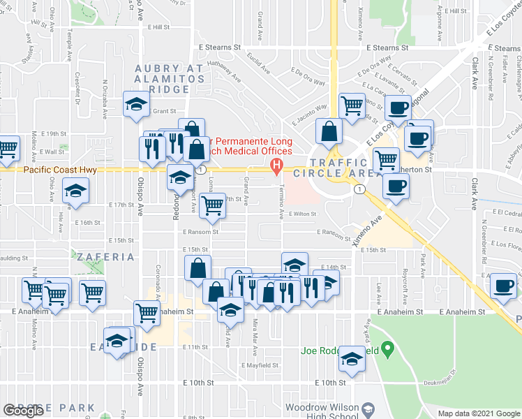 map of restaurants, bars, coffee shops, grocery stores, and more near 3822 East Wilton Street in Long Beach