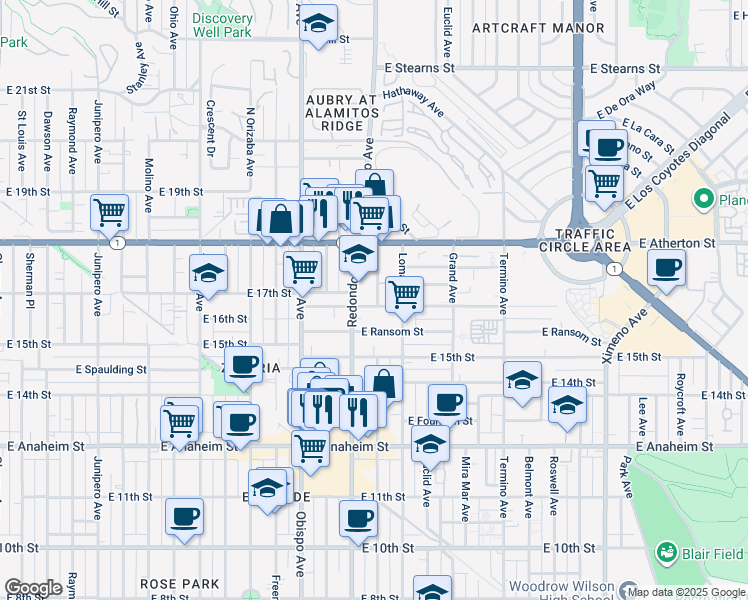 map of restaurants, bars, coffee shops, grocery stores, and more near 1650 Redondo Avenue in Long Beach