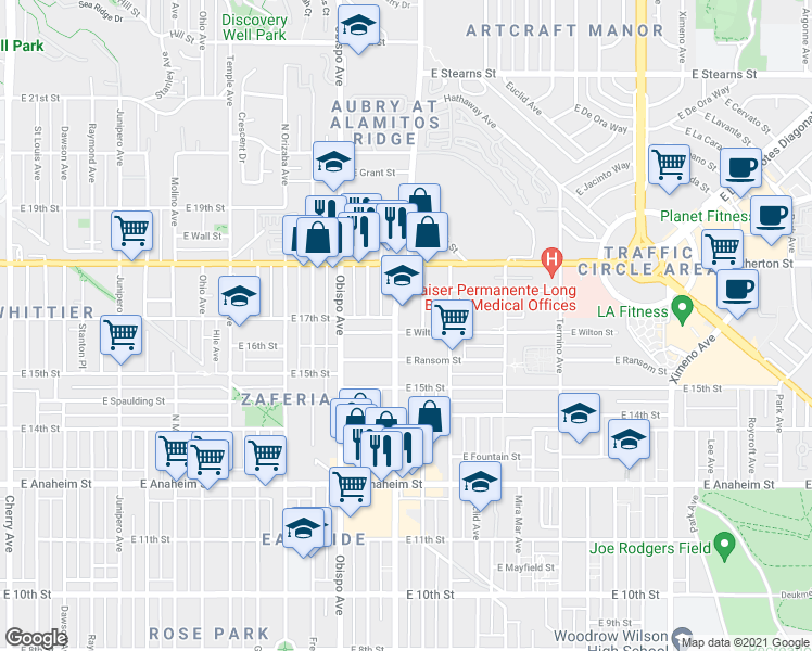 map of restaurants, bars, coffee shops, grocery stores, and more near 1650 Redondo Avenue in Long Beach