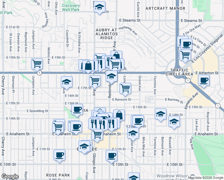 map of restaurants, bars, coffee shops, grocery stores, and more near 1650 Redondo Avenue in Long Beach