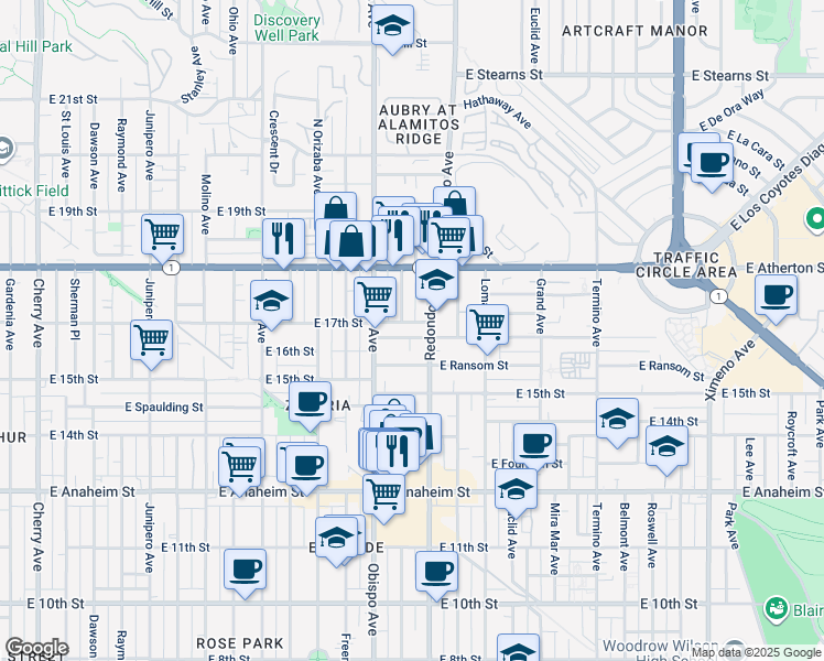 map of restaurants, bars, coffee shops, grocery stores, and more near 3244 East Wilton Street in Long Beach