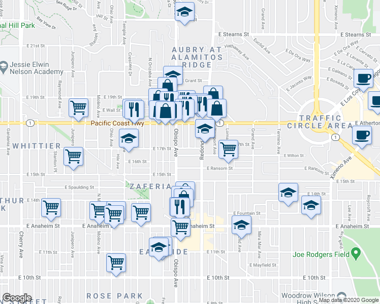 map of restaurants, bars, coffee shops, grocery stores, and more near 3244 East Wilton Street in Long Beach