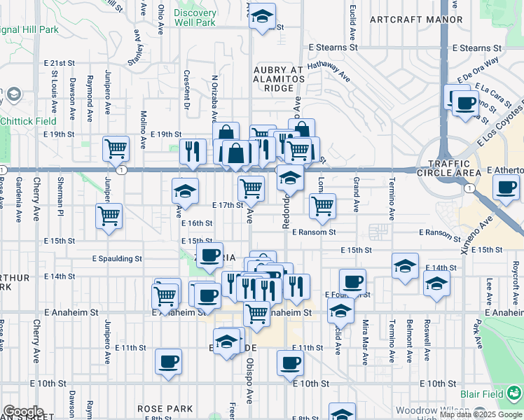map of restaurants, bars, coffee shops, grocery stores, and more near 3244 East Wilton Street in Long Beach