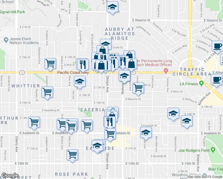 map of restaurants, bars, coffee shops, grocery stores, and more near 3244 East Wilton Street in Long Beach