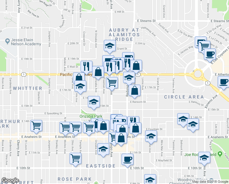 map of restaurants, bars, coffee shops, grocery stores, and more near 3244 East Wilton Street in Long Beach