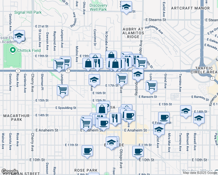 map of restaurants, bars, coffee shops, grocery stores, and more near 1612 North Orizaba Avenue in Long Beach