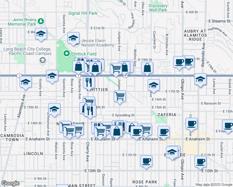 map of restaurants, bars, coffee shops, grocery stores, and more near 1625 Junipero Avenue in Long Beach