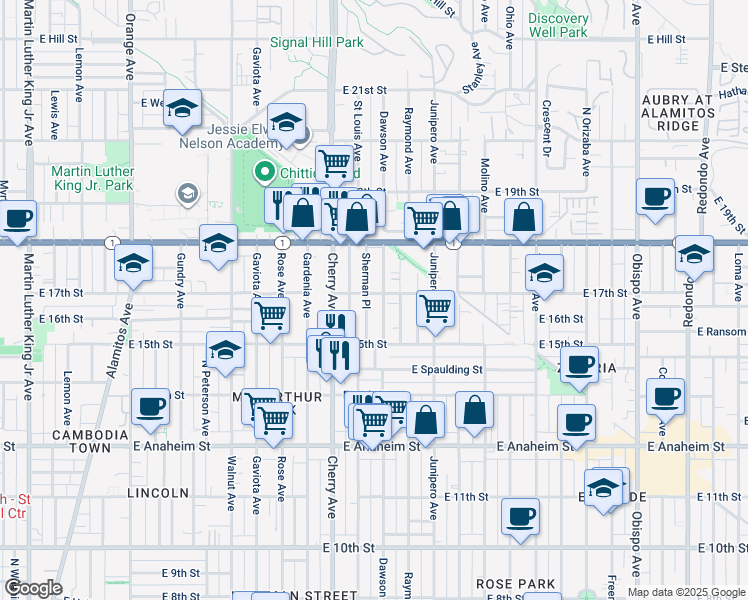 map of restaurants, bars, coffee shops, grocery stores, and more near 1624 Sherman Place in Long Beach