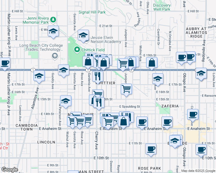 map of restaurants, bars, coffee shops, grocery stores, and more near 1624 Sherman Place in Long Beach