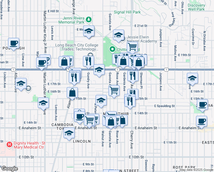 map of restaurants, bars, coffee shops, grocery stores, and more near 1615 East Bailey Way in Long Beach