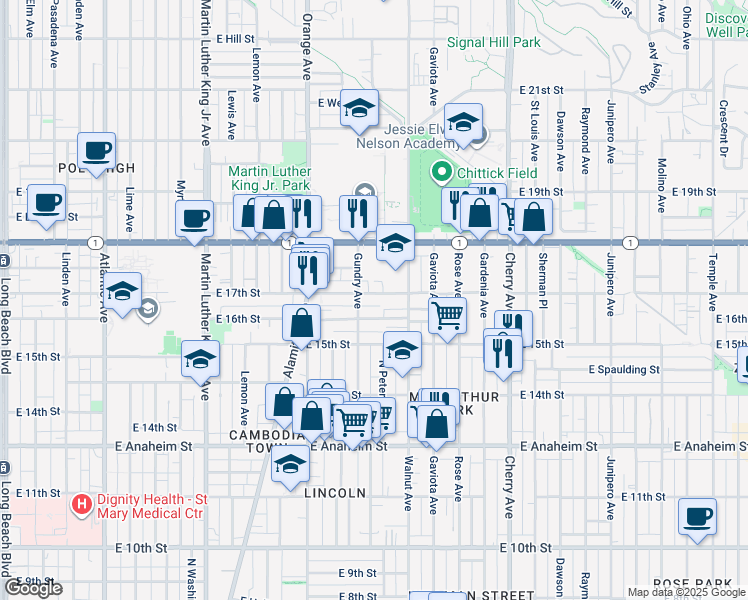map of restaurants, bars, coffee shops, grocery stores, and more near 1505 East Bailey Way in Long Beach