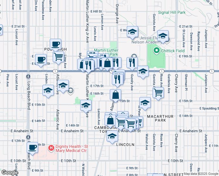 map of restaurants, bars, coffee shops, grocery stores, and more near 1141 East 16th Street in Long Beach
