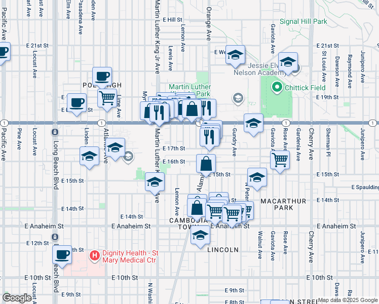map of restaurants, bars, coffee shops, grocery stores, and more near 1141 East 16th Street in Long Beach