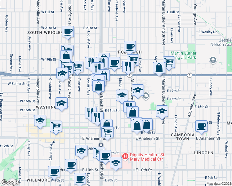 map of restaurants, bars, coffee shops, grocery stores, and more near 375 East 16th Street in Long Beach