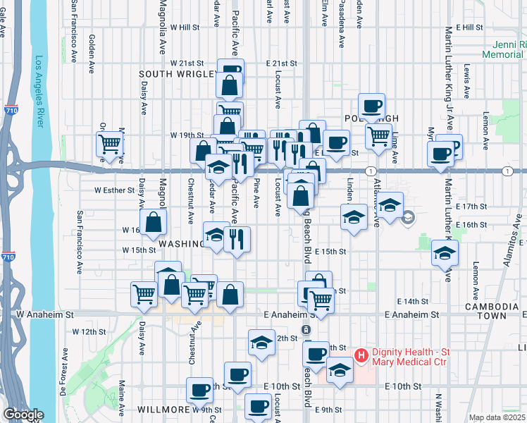 map of restaurants, bars, coffee shops, grocery stores, and more near 1617 Pine Avenue in Long Beach