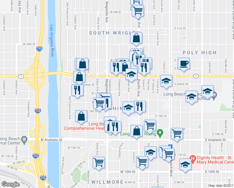 map of restaurants, bars, coffee shops, grocery stores, and more near 1629 Chestnut Avenue in Long Beach