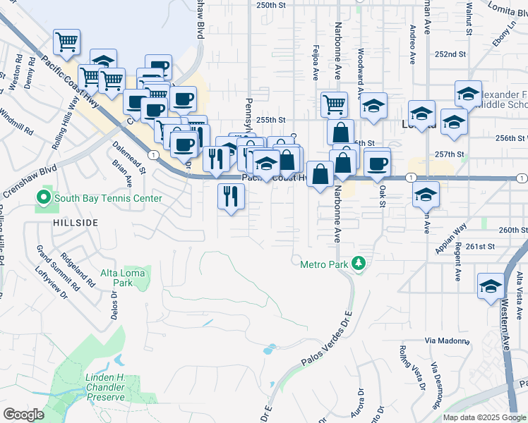 map of restaurants, bars, coffee shops, grocery stores, and more near 25917 Viana Avenue in Lomita