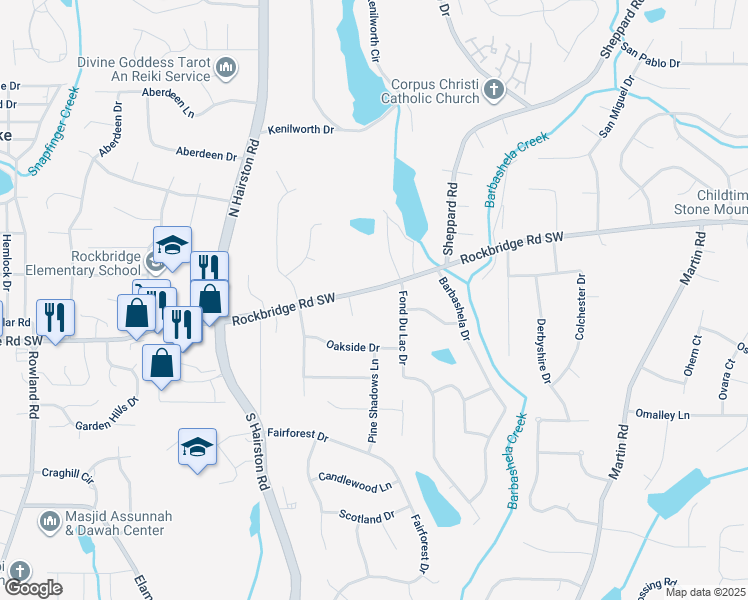 map of restaurants, bars, coffee shops, grocery stores, and more near 5101 Rockbridge Road Southwest in Stone Mountain