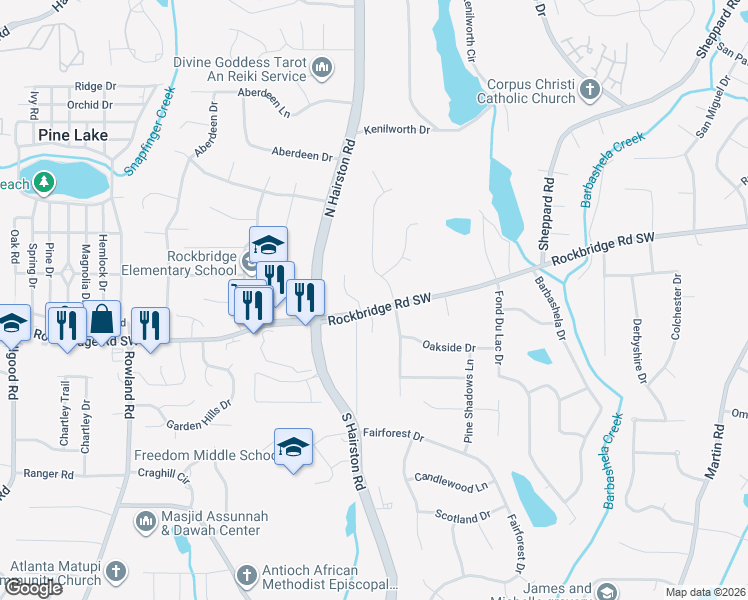 map of restaurants, bars, coffee shops, grocery stores, and more near 445 Stonebridge Court in Stone Mountain
