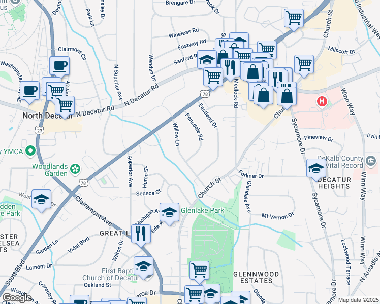 map of restaurants, bars, coffee shops, grocery stores, and more near 414 Pensdale Road in Decatur