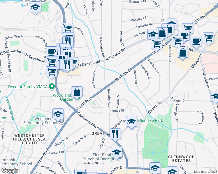 map of restaurants, bars, coffee shops, grocery stores, and more near 1123 Scott Boulevard in Decatur
