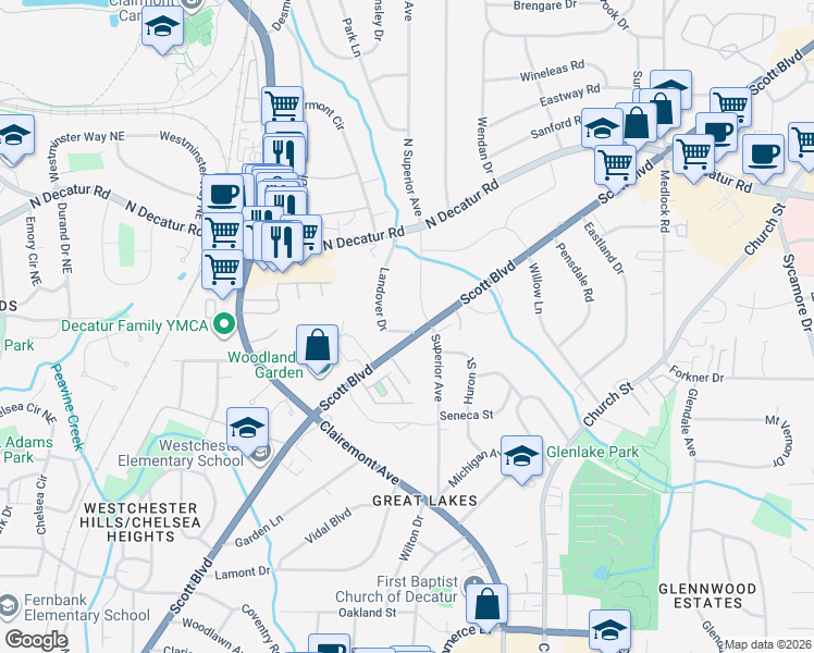 map of restaurants, bars, coffee shops, grocery stores, and more near 1050 Scott Boulevard in Decatur