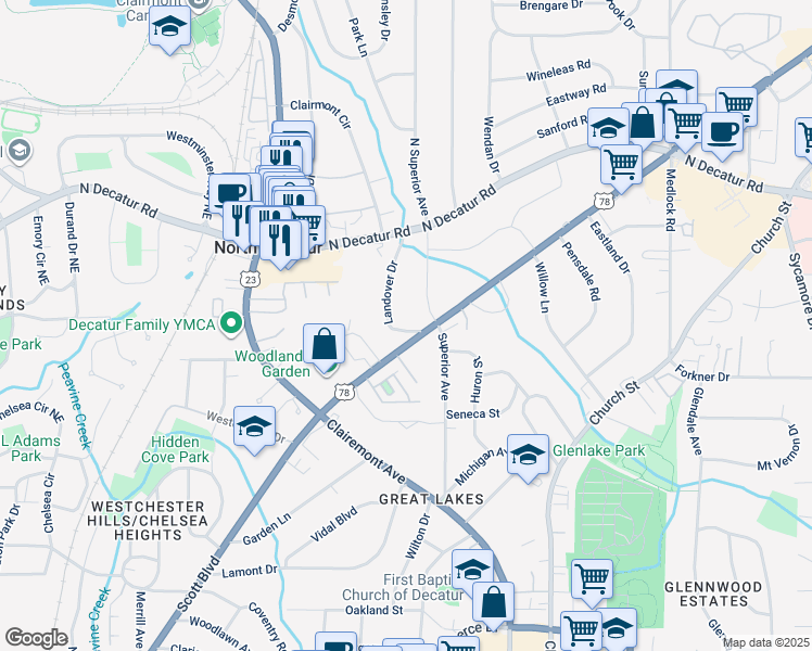 map of restaurants, bars, coffee shops, grocery stores, and more near 1050 Scott Boulevard in Decatur