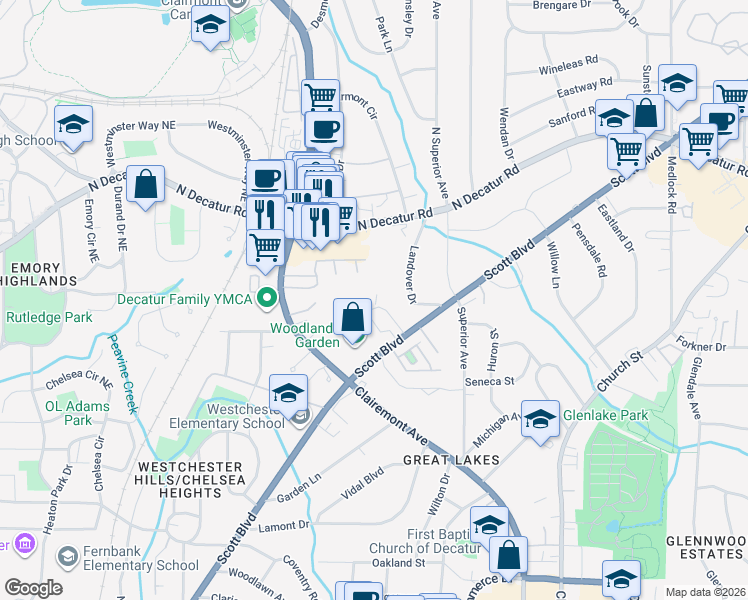 map of restaurants, bars, coffee shops, grocery stores, and more near 311 Scott Boulevard in Decatur