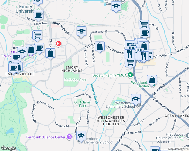 map of restaurants, bars, coffee shops, grocery stores, and more near 423 Mill Creek Bend Northeast in Atlanta