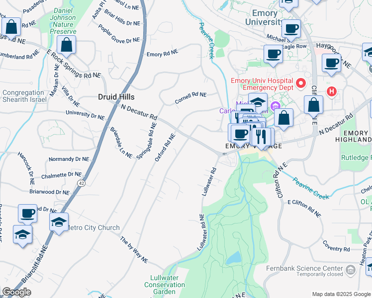 map of restaurants, bars, coffee shops, grocery stores, and more near 1211 Oakdale Road Northeast in Atlanta