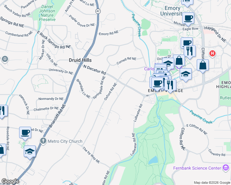 map of restaurants, bars, coffee shops, grocery stores, and more near 1192 Oakdale Road Northeast in Atlanta