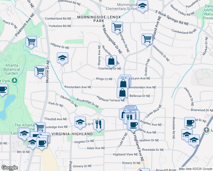 map of restaurants, bars, coffee shops, grocery stores, and more near 877 Amsterdam Avenue Northeast in Atlanta