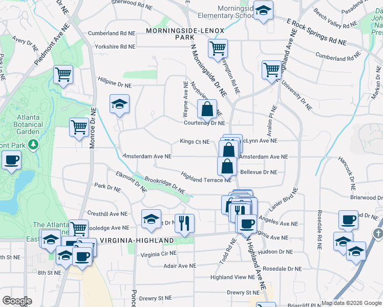 map of restaurants, bars, coffee shops, grocery stores, and more near 877 Amsterdam Avenue Northeast in Atlanta