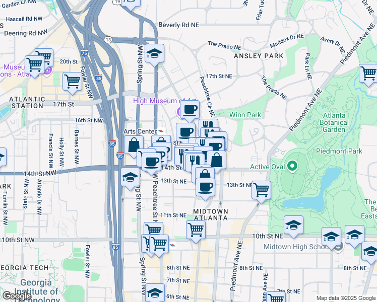 map of restaurants, bars, coffee shops, grocery stores, and more near 32 15th Street Northeast in Atlanta