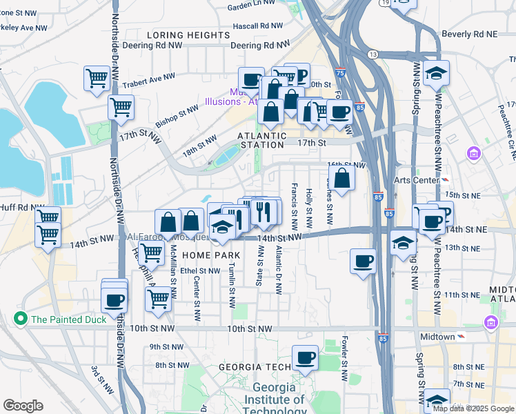 map of restaurants, bars, coffee shops, grocery stores, and more near 1220 State Street Northwest in Atlanta