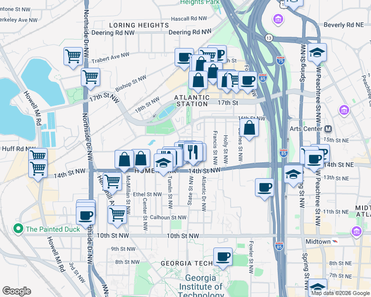 map of restaurants, bars, coffee shops, grocery stores, and more near 1214 State Street Northwest in Atlanta