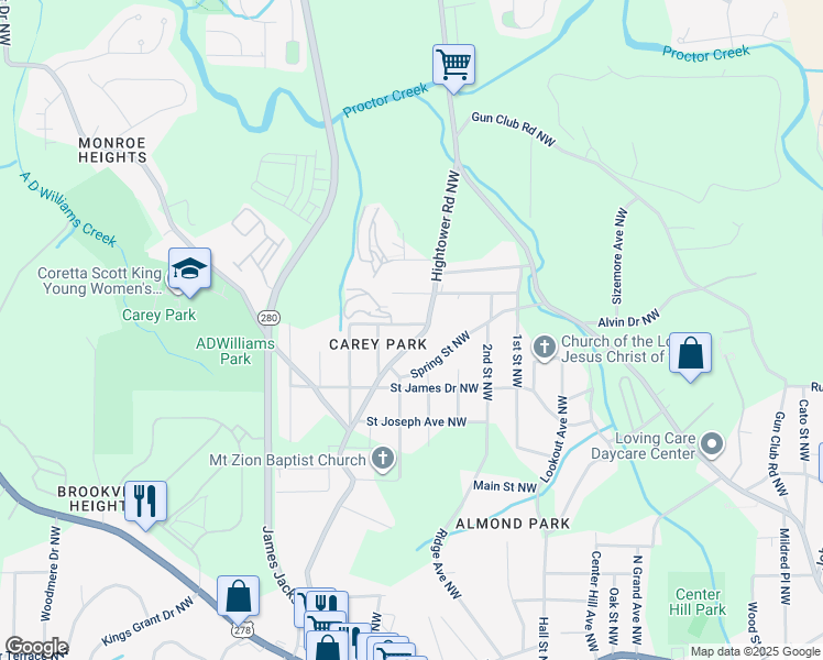 map of restaurants, bars, coffee shops, grocery stores, and more near 1185 Hightower Road Northwest in Atlanta