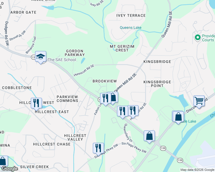 map of restaurants, bars, coffee shops, grocery stores, and more near 6885 Slate Stone Way Southeast in Mableton