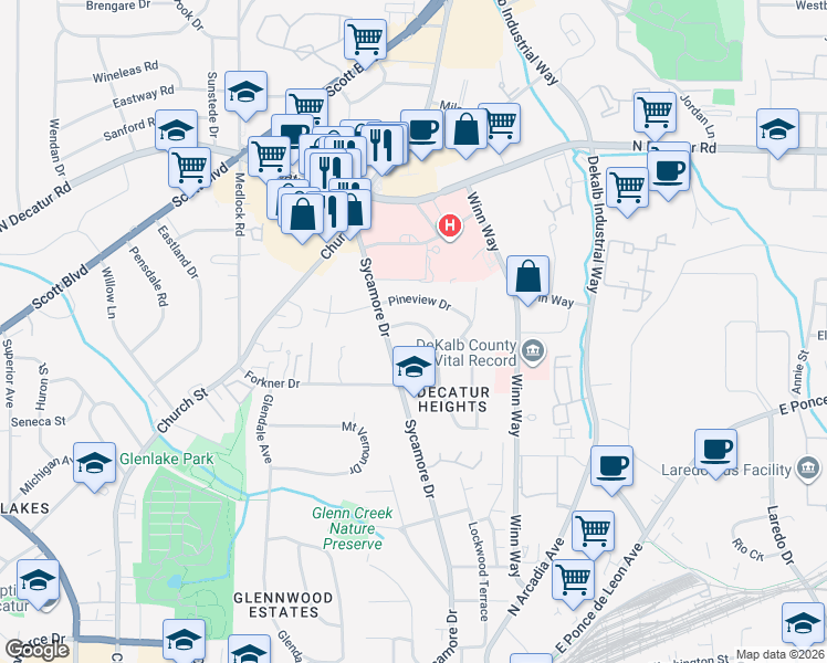 map of restaurants, bars, coffee shops, grocery stores, and more near 532 Bridlewood Circle in Decatur